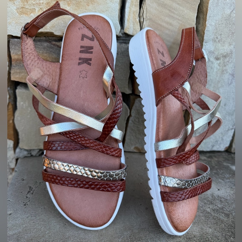 ZNK Women's Brown & Metallic Leather Strappy Slingback Sandals Sz-7 (38) X‎